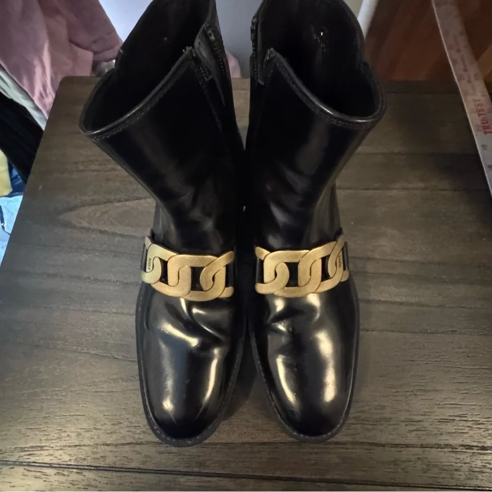 Black patent Leather Boots with Gold Chain Accent designer inspired - Picture 1 of 6